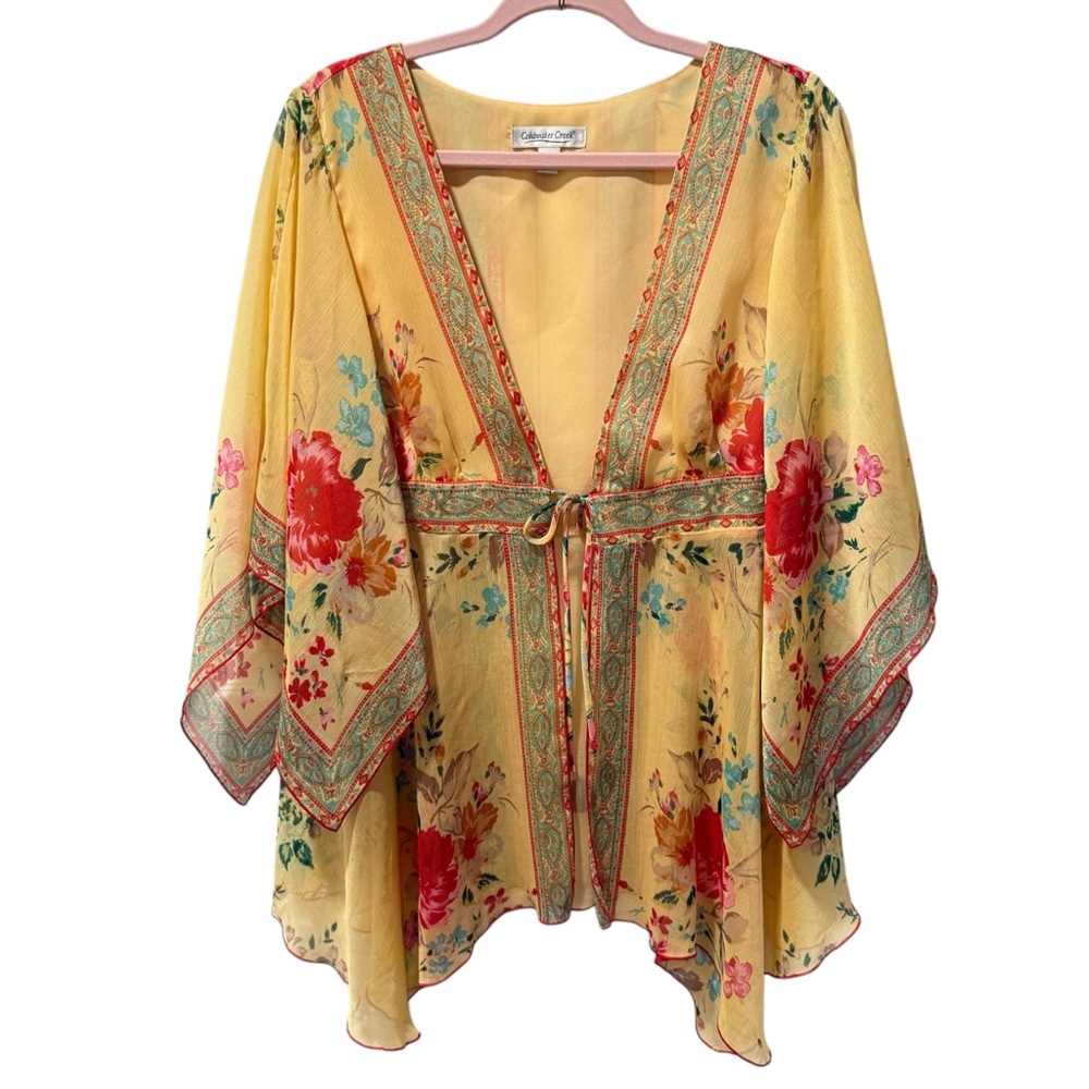 NWOT Coldwater Creek Sheer Kimono Womens S/M Sheer Yellow Bohemian flawed